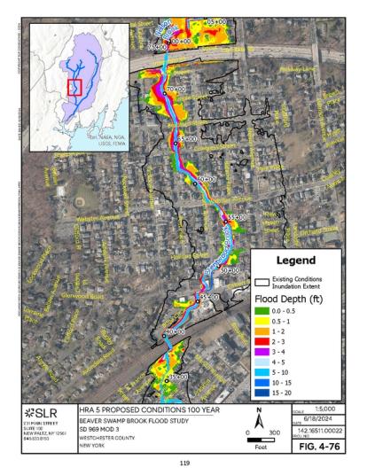 Depth grid map depicting hydraulic modeling results along Brentwood Brook, Town of Harrison, Westchester County.