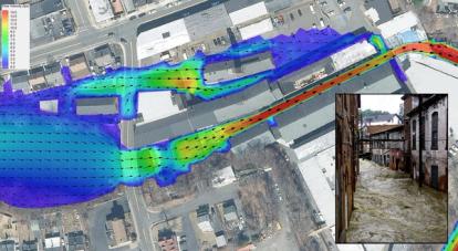 Hydraulic model output showing flooding of Minisceongo Creek at the Garnerville Arts & Industrial Center, Garnerville, NY, during Tropical Storm Irene, August 28, 2011. Actual flooding is shown in the inset photo.