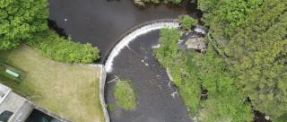 Aerial view of Quinapoxet River Dam in West Boylston Massachusetts