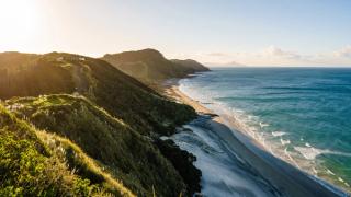 Mesmerising scene of Mangawhai Heads green Beach, New Zealand with a blue light sky on the horizon