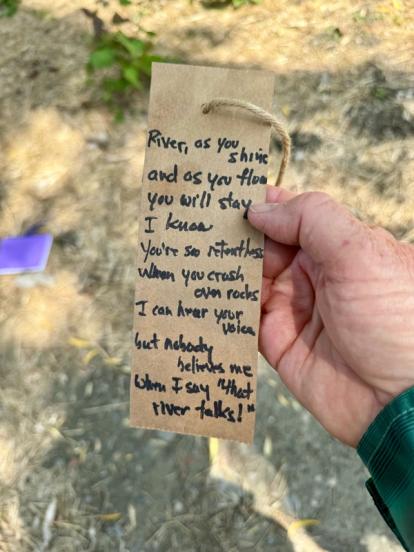 Rivers Talk poem written and hung at Kikitta Ahki
