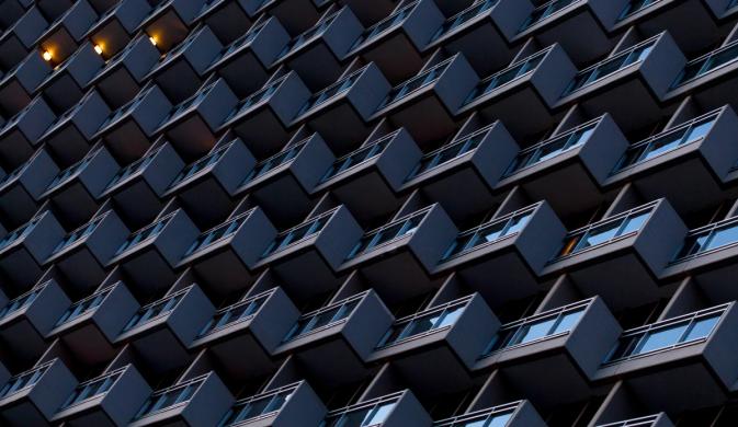 Complex building with square windows