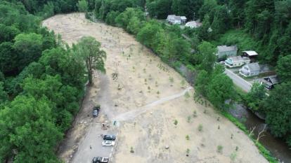 Aerial view of Kikitta Ahki park floodplain restoration along Whetstone Brook in Brattleboro, Vermont
