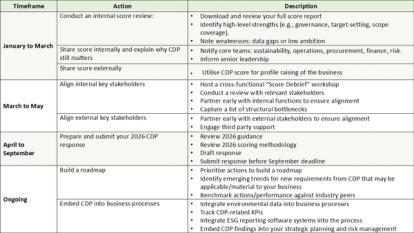 Timeframe, actions and descriptions for CDP results