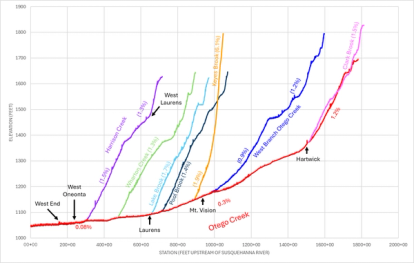 Longitudinal profile of Otego Creek and its tributaries, Otsego County.